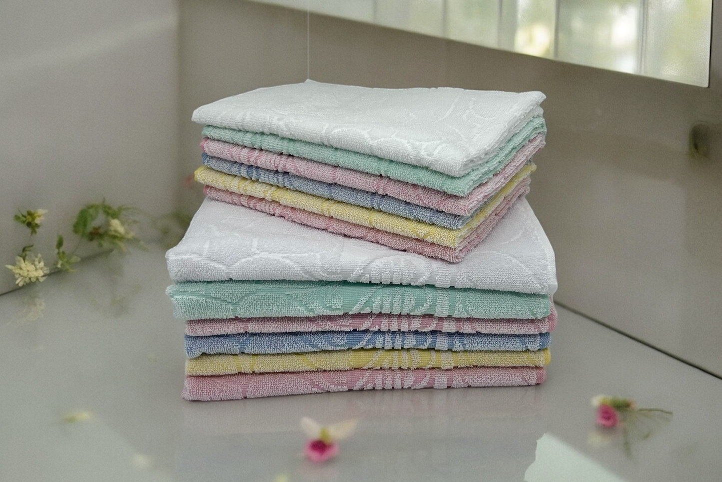 GC ArredoCasa Serviette Invité en Éponge 100% Coton - Modèle Herts - Couleurs Pastel - 60x105cm / 40x60cm - Lot de 6 Pièces